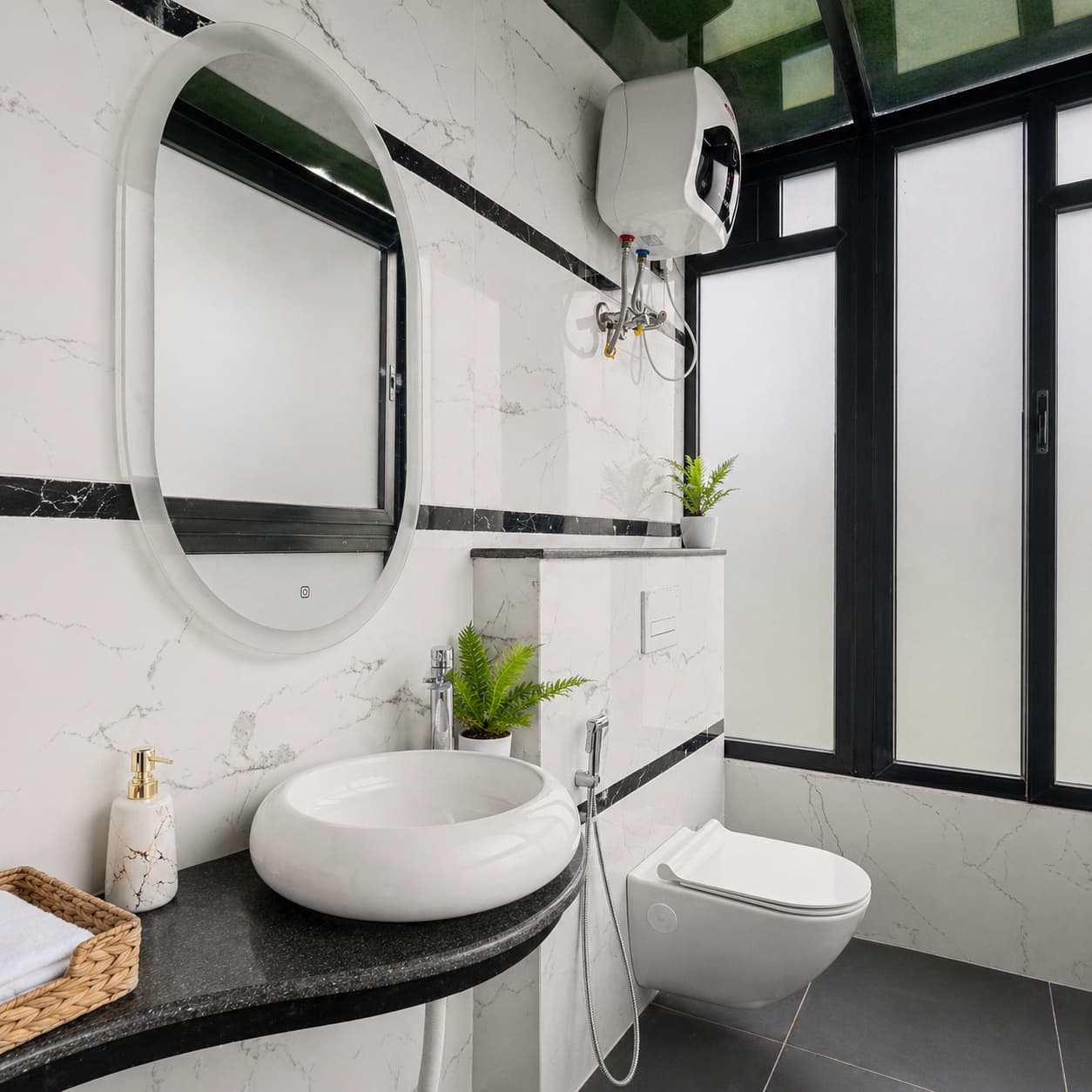 Marble bathroom with vessel sink, round LED mirror and gold fixtures